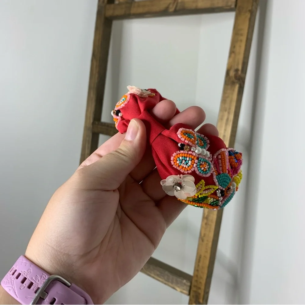 Treasure Jewels Vibrant Red Embroidered Butterfly Headband